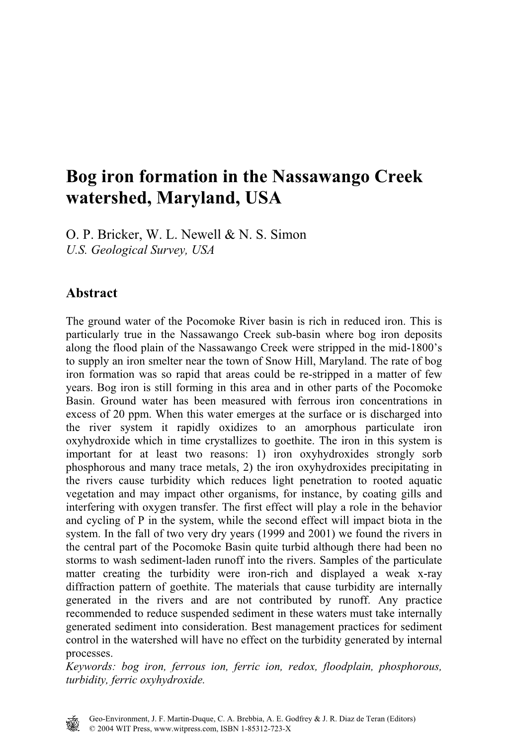 Bog Iron Formation in the Nassawango Creek Watershed, Maryland, USA