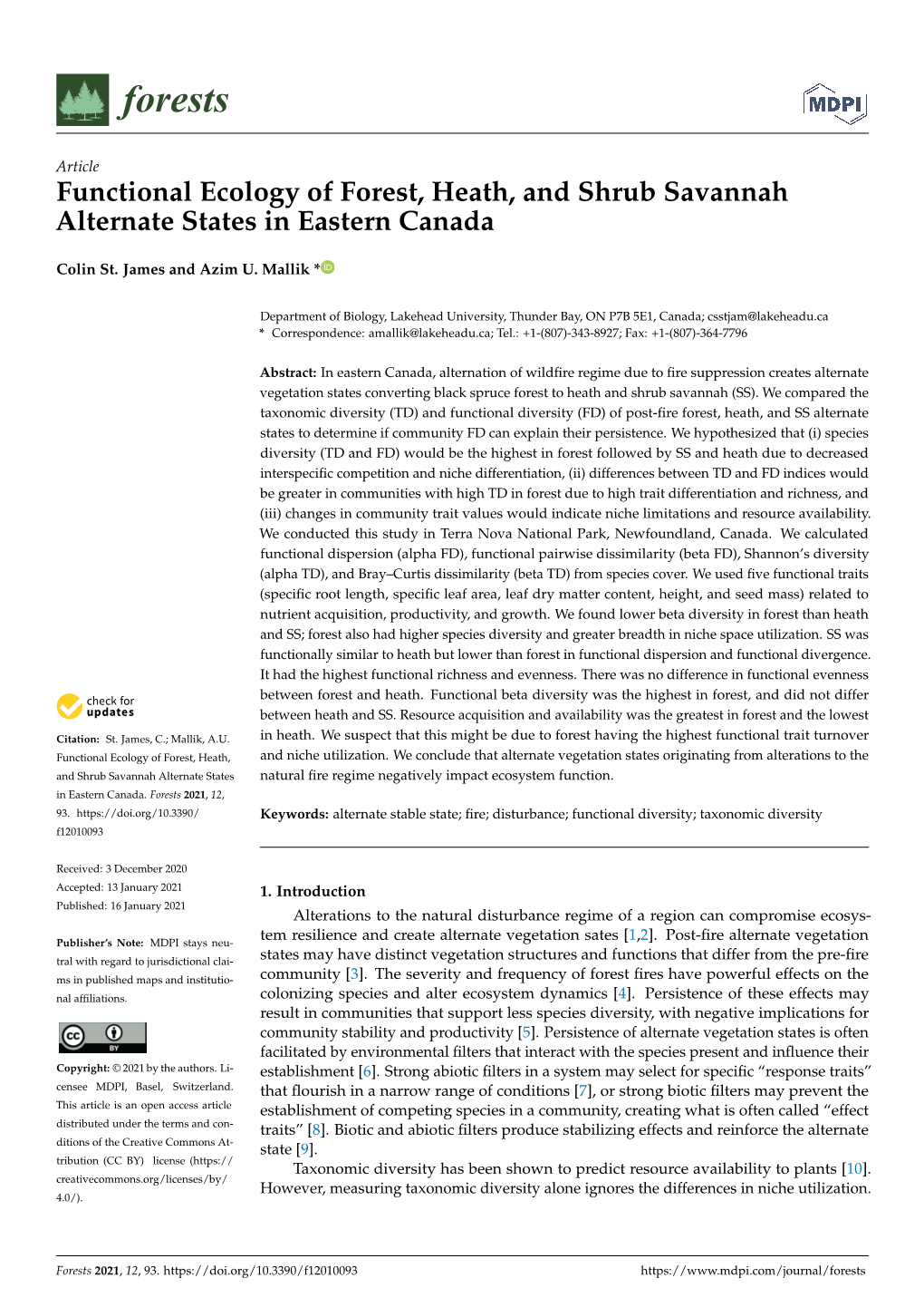 Functional Ecology of Forest, Heath, and Shrub Savannah Alternate States in Eastern Canada