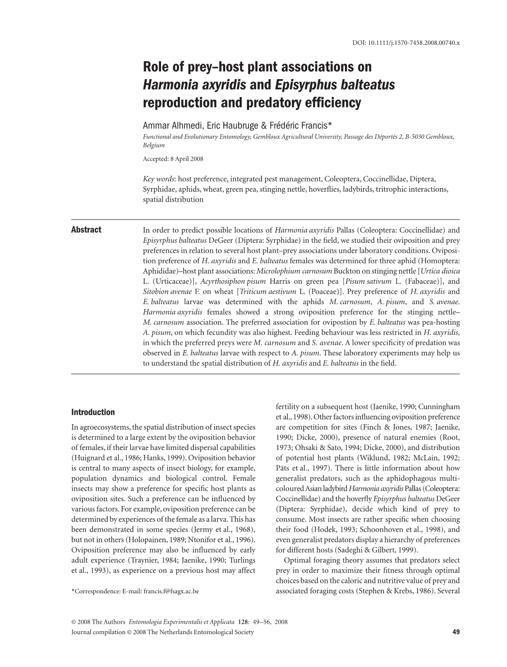 Role of Prey–Host Plant Associations on Harmonia Axyridis and Episyrphus Balteatus Reproduction and Predatory Efficiency