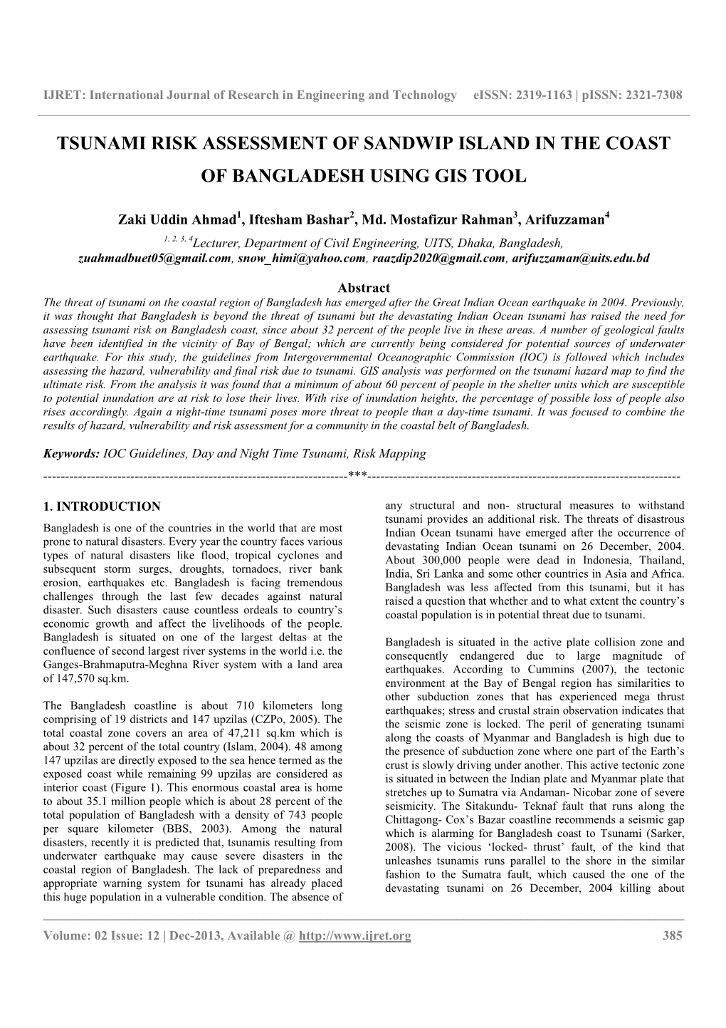 Tsunami Risk Assessment of Sandwip Island in the Coast of Bangladesh Using Gis Tool