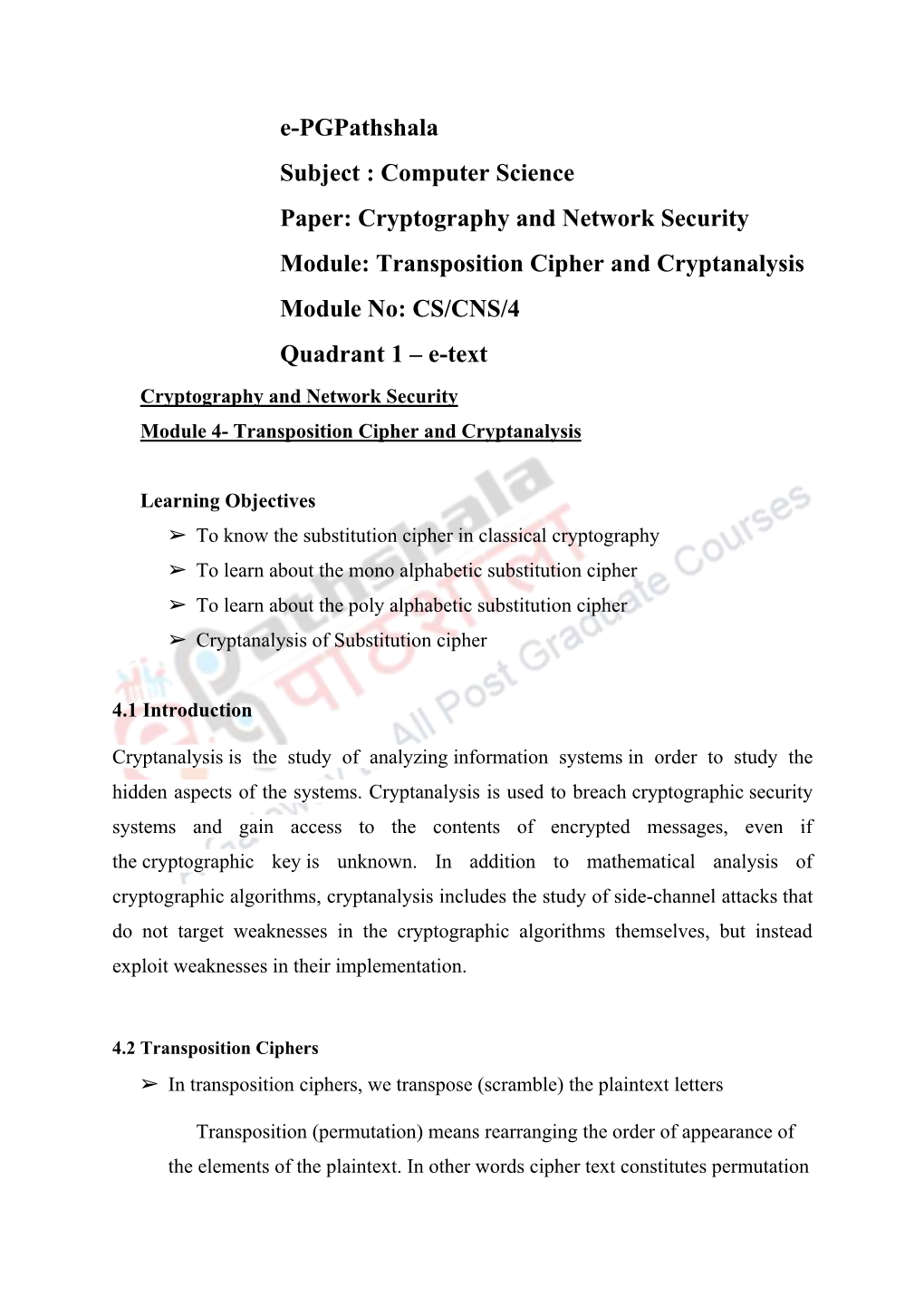 Cryptography and Network Security Module: Transposition Cipher And