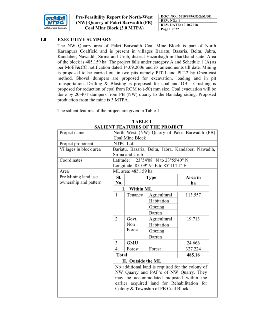 Pre-Feasibility Report for North-West (NW) Quarry of Pakri Barwadih (PB