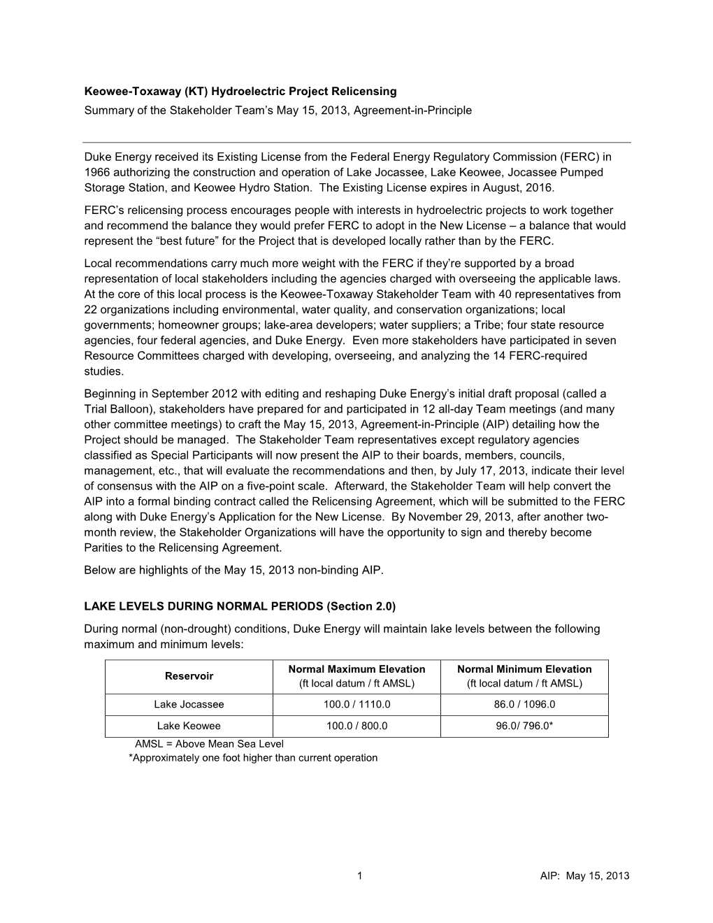 Keowee-Toxaway (KT) Hydroelectric Project Relicensing Summary of the Stakeholder Team’S May 15, 2013, Agreement-In-Principle