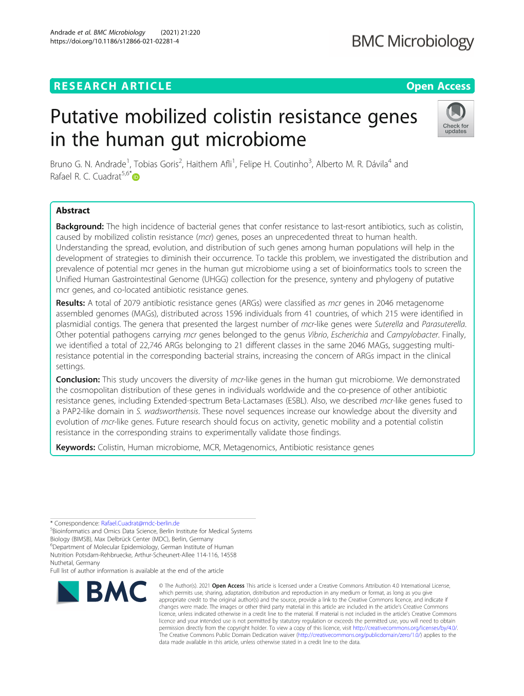 Putative Mobilized Colistin Resistance Genes in the Human Gut Microbiome Bruno G