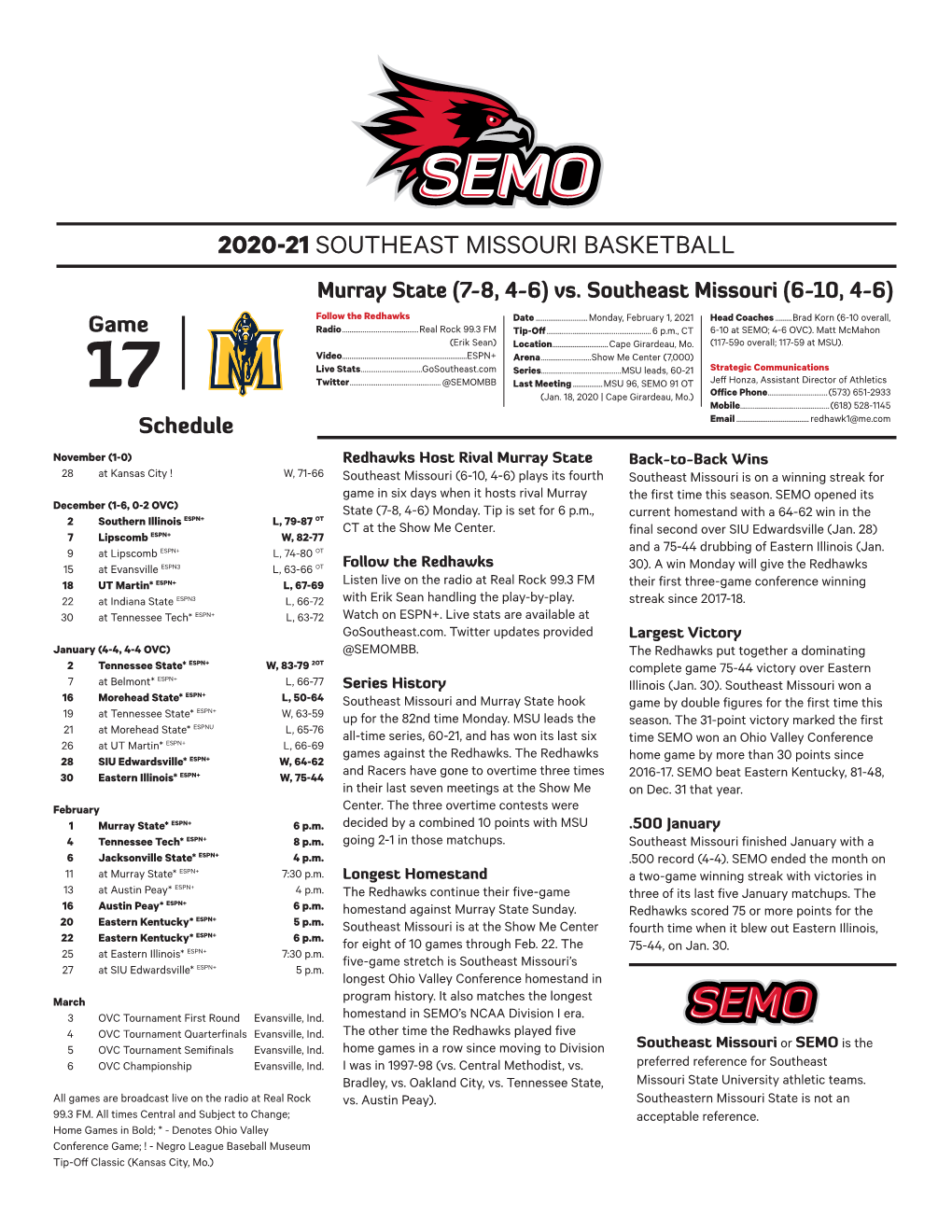 2020-21 SOUTHEAST MISSOURI BASKETBALL Murray State (7-8, 4-6) Vs