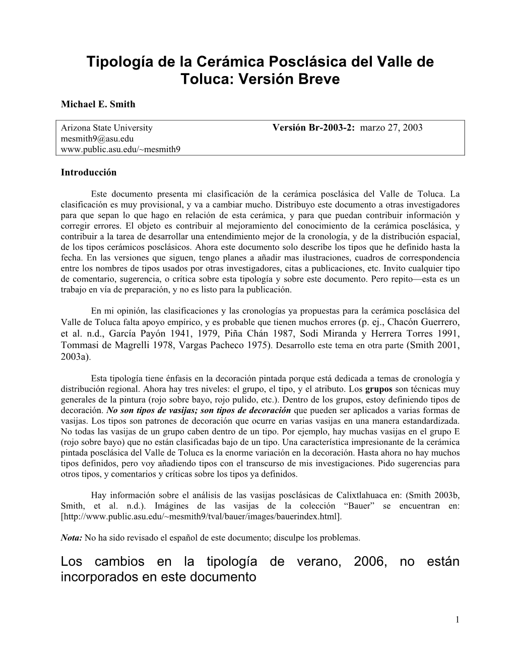 Tipología De La Cerámica Posclásica Del Valle De Toluca: Versión Breve