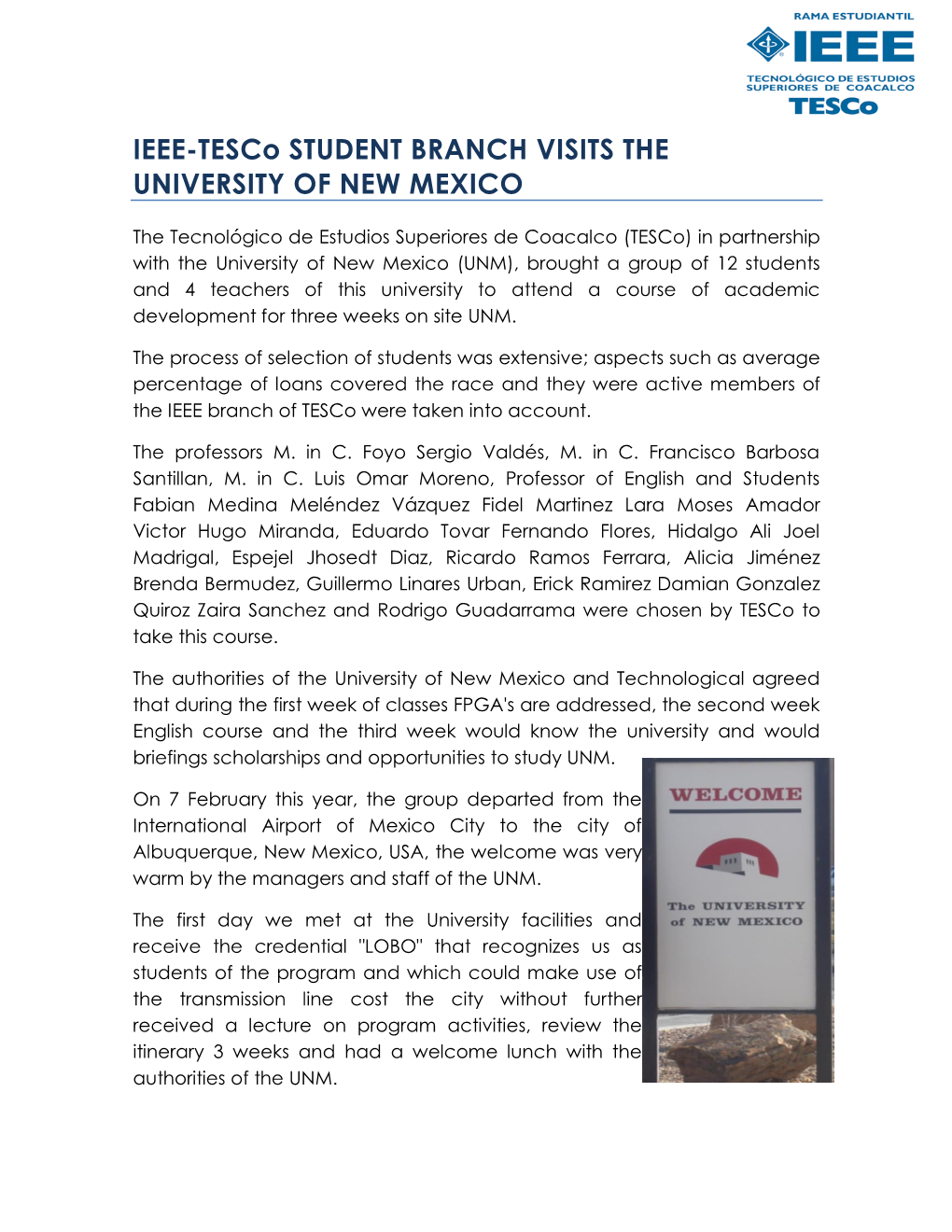 IEEE-Tesco STUDENT BRANCH VISITS the UNIVERSITY of NEW MEXICO