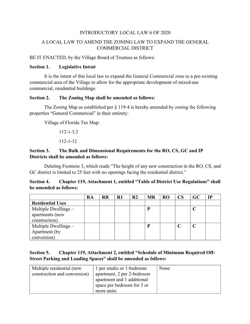 Introductory Local Law 6 of 2020 a Local Law to Amend