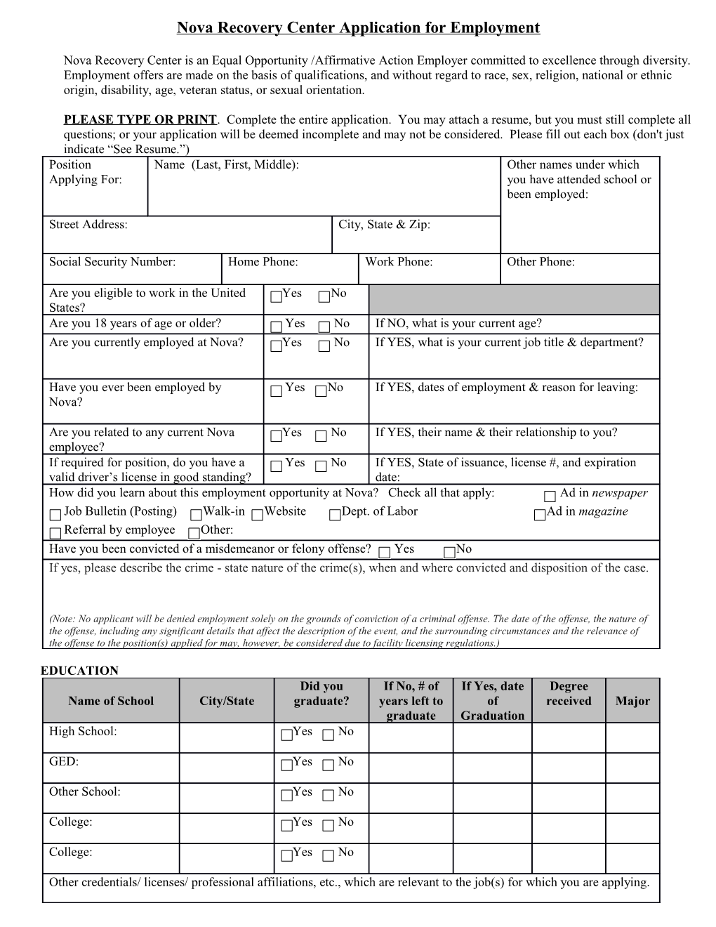 Nova Recovery Center Application for Employment