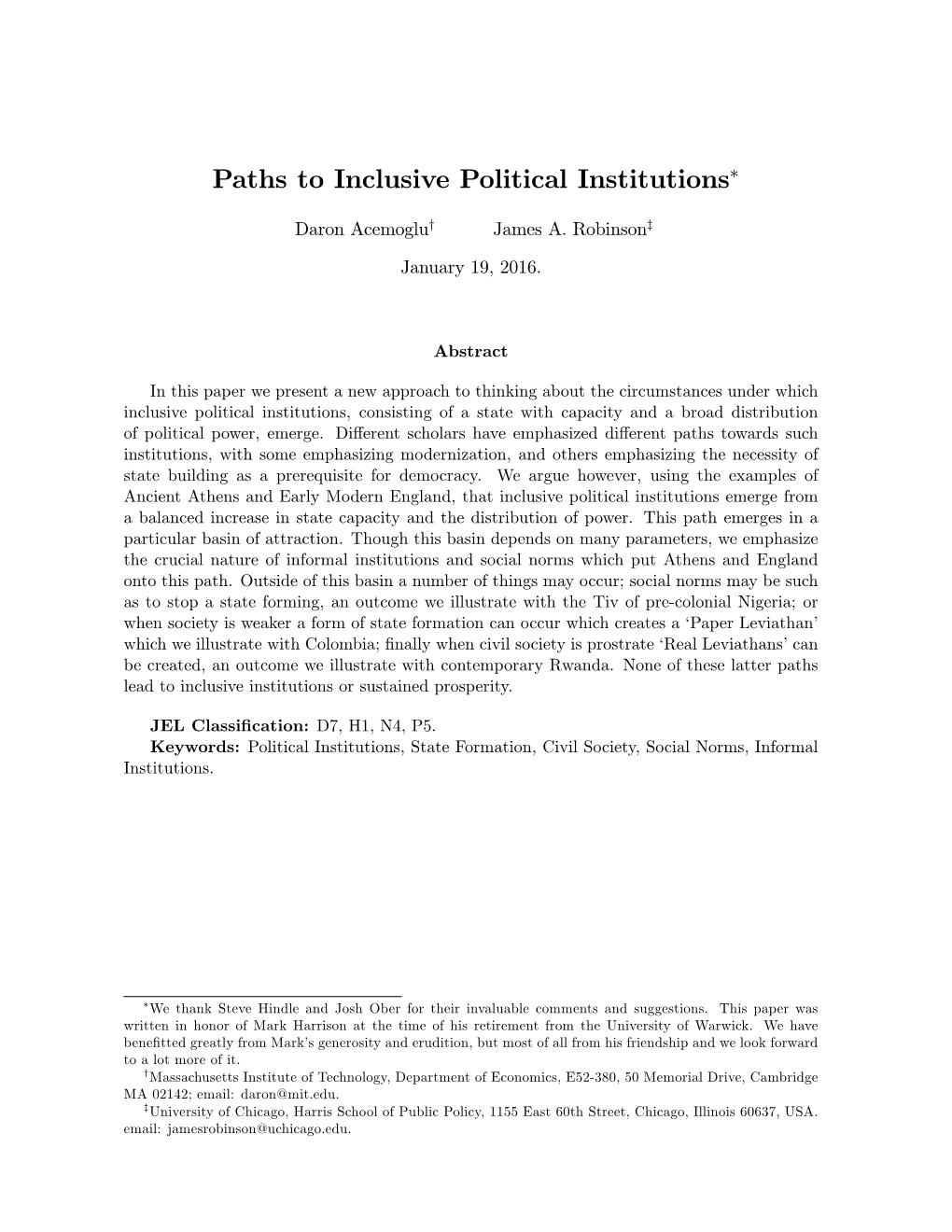 Paths to Inclusive Political Institutions*