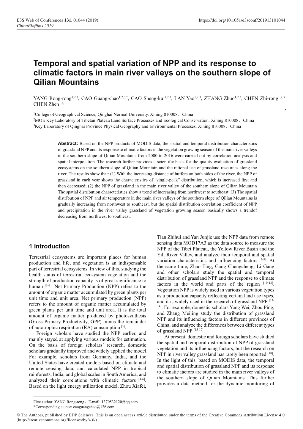 Temporal and Spatial Variation of NPP and Its Response to Climatic Factors in Main River Valleys on the Southern Slope of Qilian Mountains