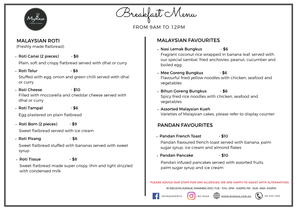 Breakfast Menu from 9AM to 12PM