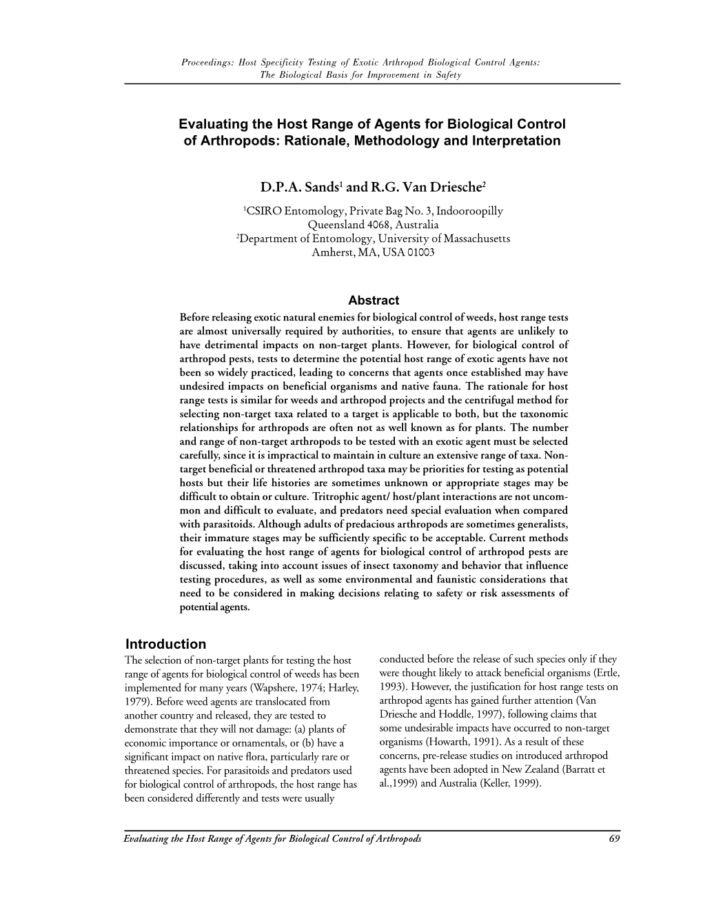 Evaluating the Host Range of Agents for Biological Control of Arthropods: Rationale, Methodology and Interpretation