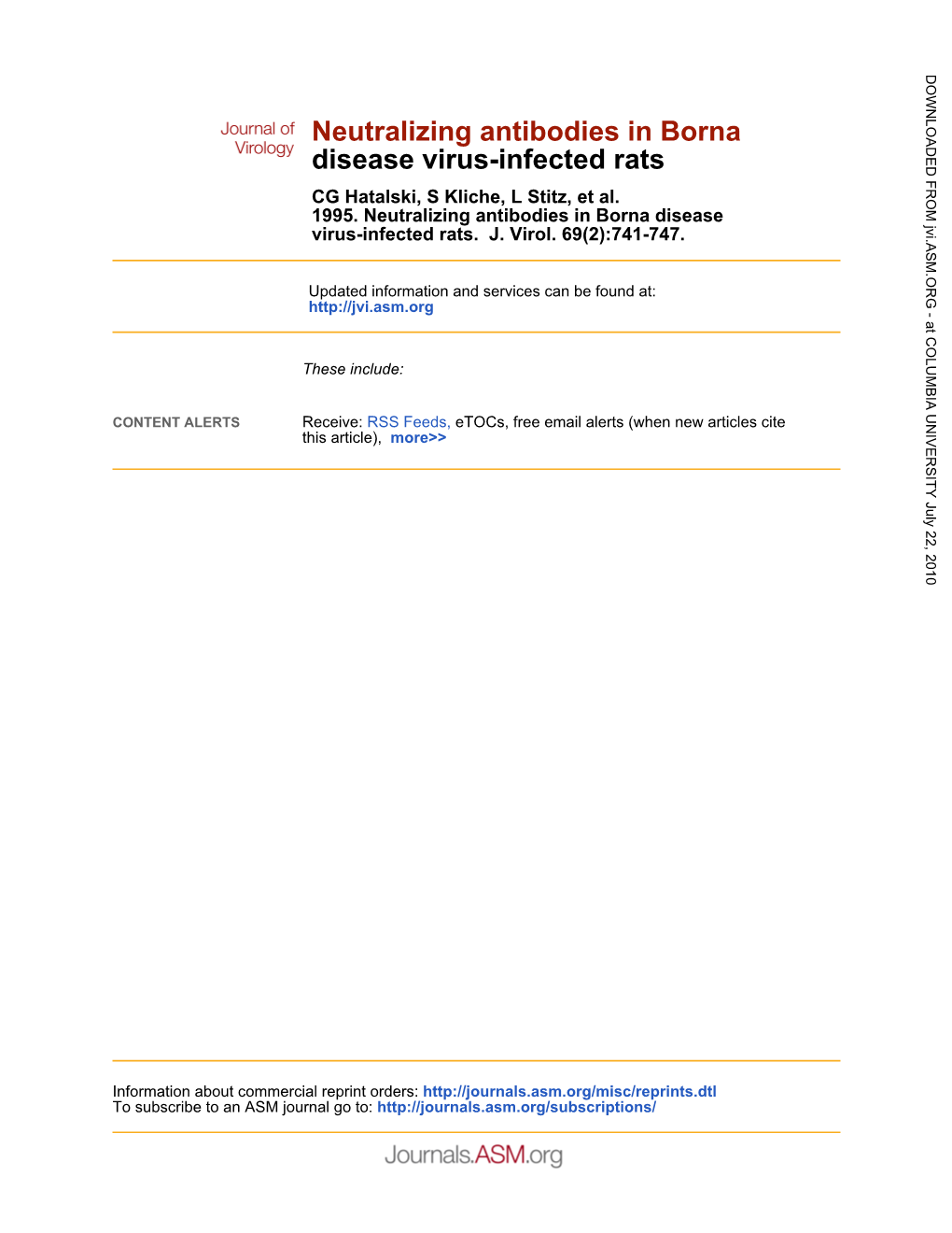 Disease Virus-Infected Rats Neutralizing Antibodies in Borna