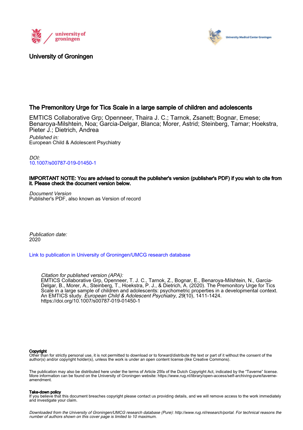 The Premonitory Urge for Tics Scale in a Large Sample of Children and Adolescents EMTICS Collaborative Grp; Openneer, Thaira J