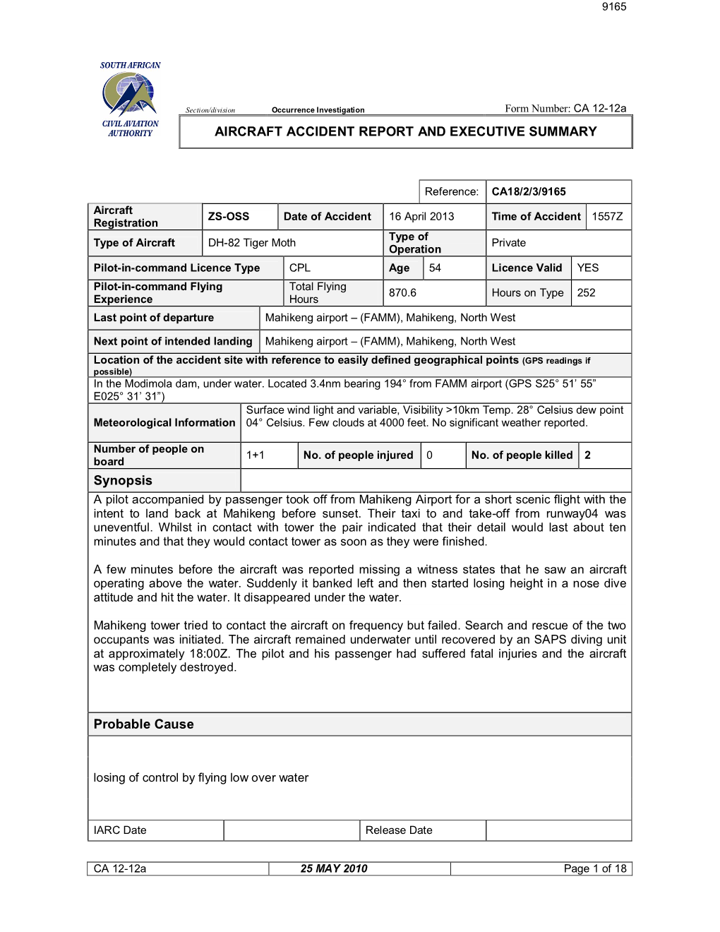 AIRCRAFT ACCIDENT REPORT and EXECUTIVE SUMMARY Synopsis