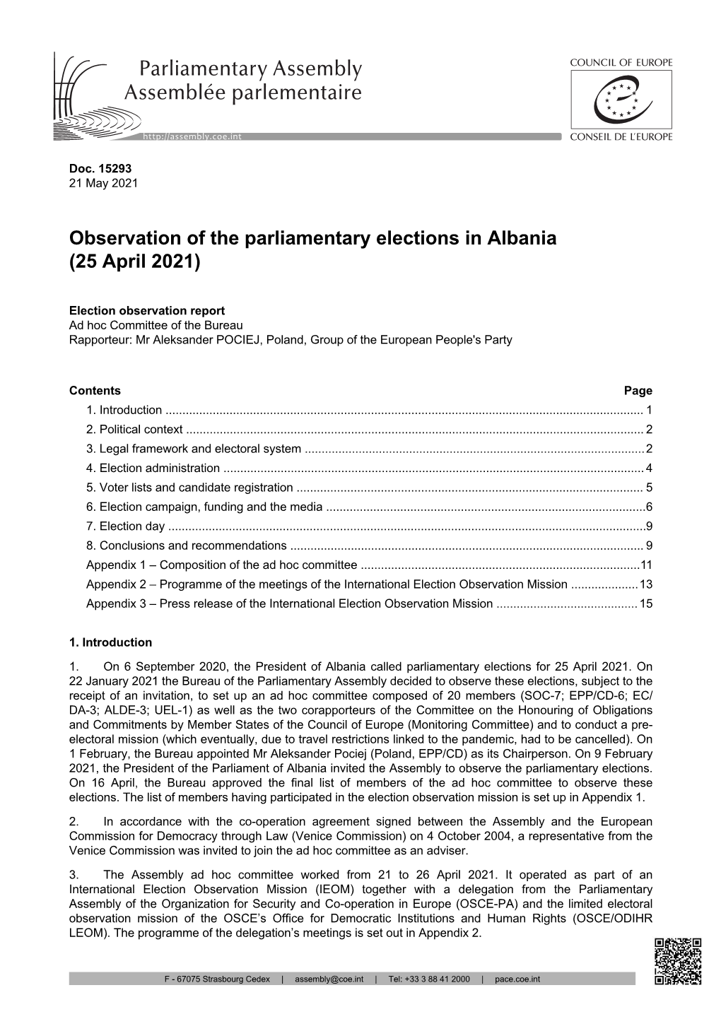Observation of the Parliamentary Elections in Albania (25 April 2021)