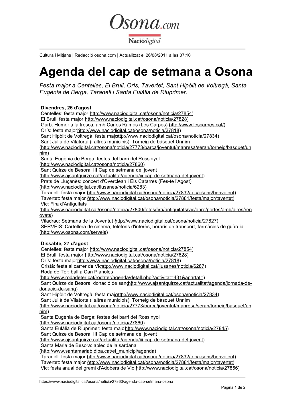 Agenda Del Cap De Setmana a Osona