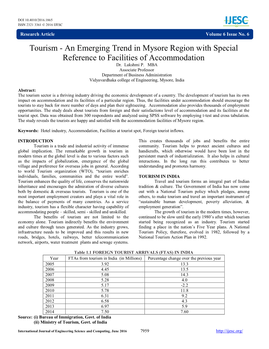 Tourism - an Emerging Trend in Mysore Region with Special Reference to Facilities of Accommodation Dr