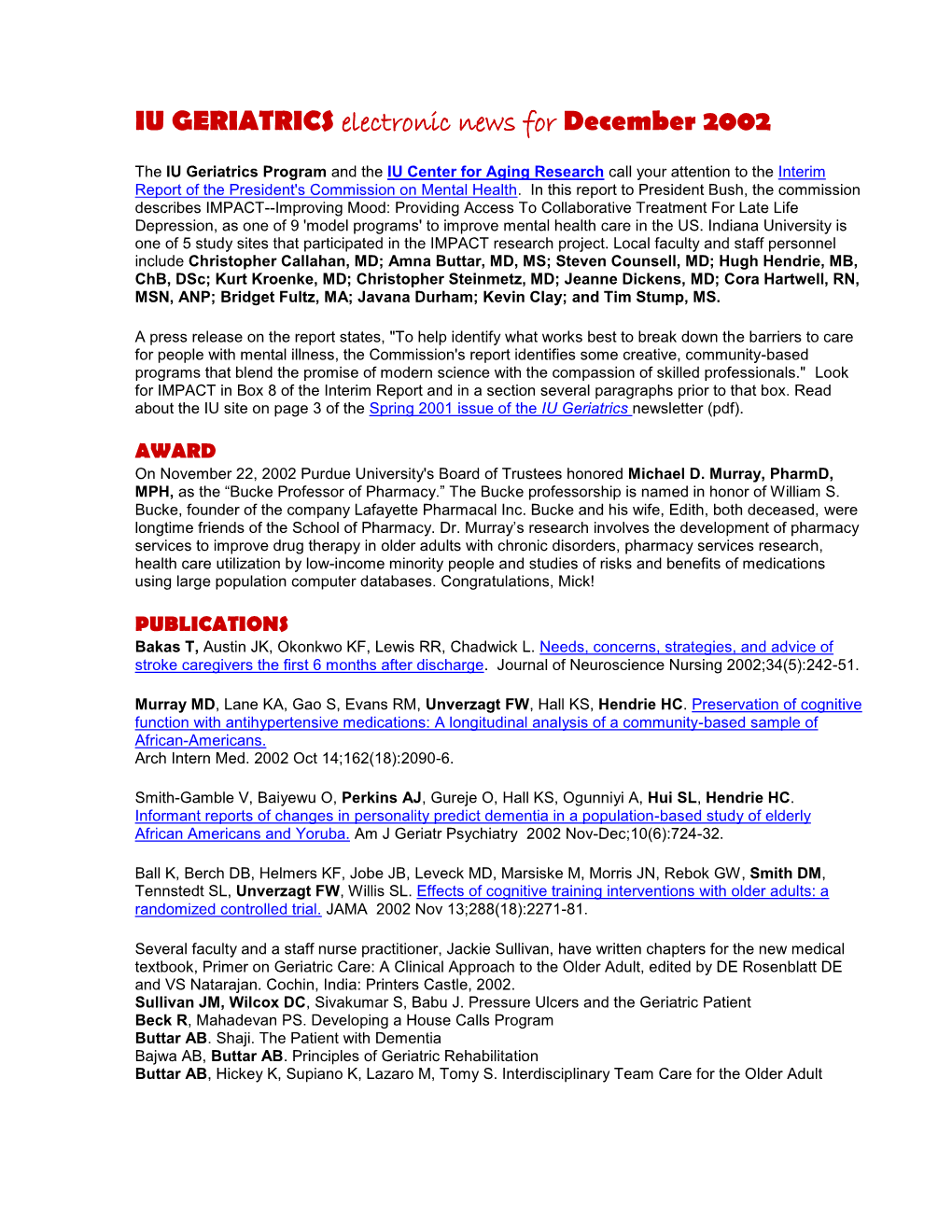 IU GERIATRICS Electronic News for December 2002