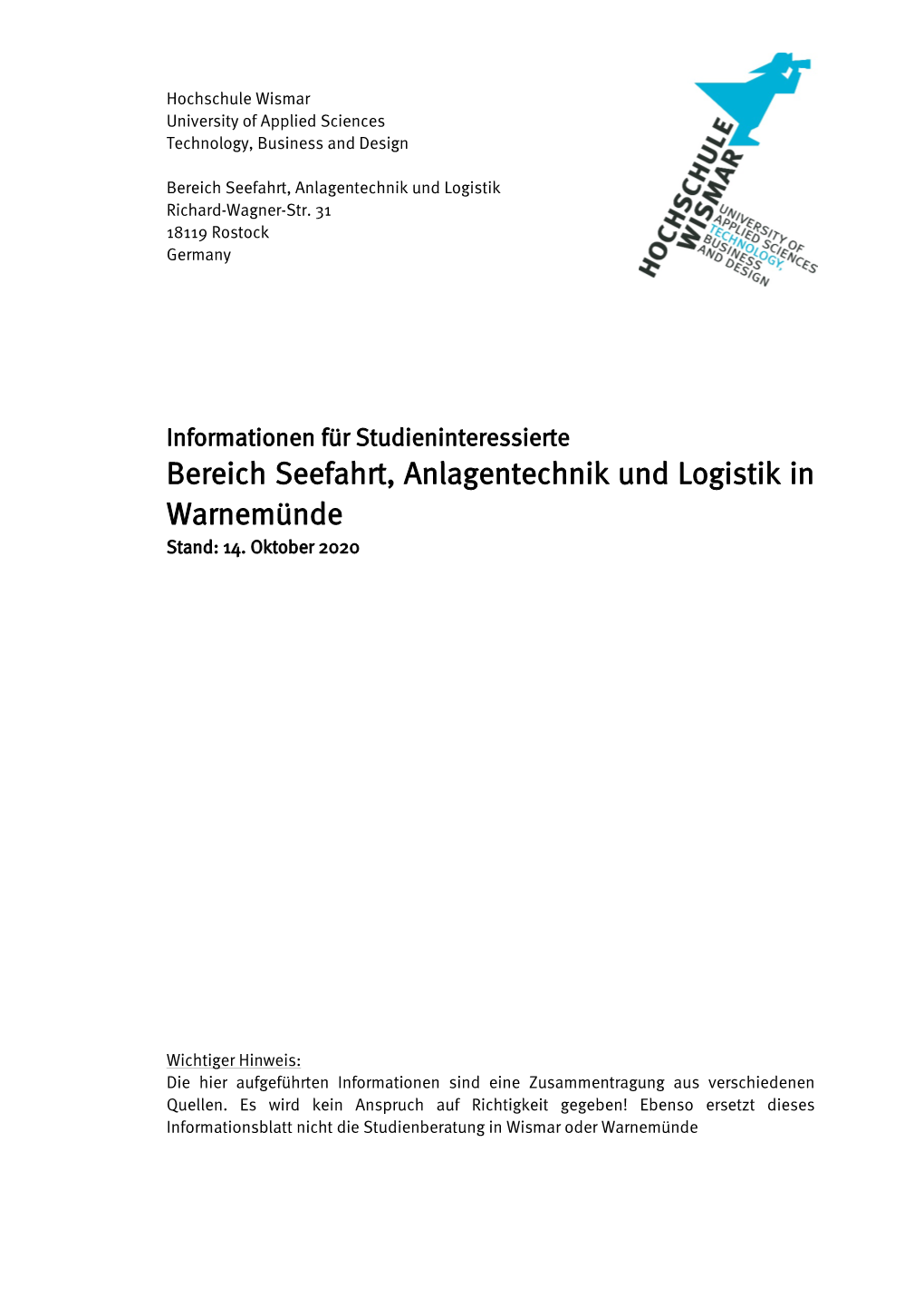 Bereich Seefahrt, Anlagentechnik Und Logistik in Warnemünde Stand: 14