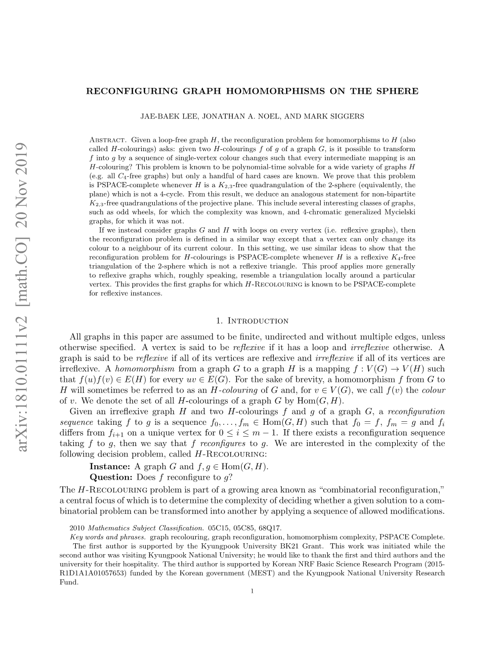 Arxiv:1810.01111V2 [Math.CO] 20 Nov 2019 1110075)Fne Ytekra Oenet(ET an (MEST) Government Korean Fund