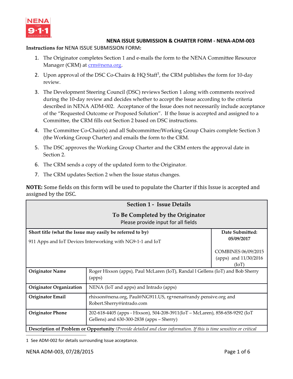 Nena Issue Submission & Charter Form - Nena-Adm-003