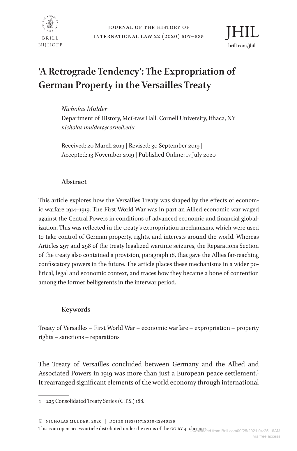 The Expropriation of German Property in the Versailles Treaty