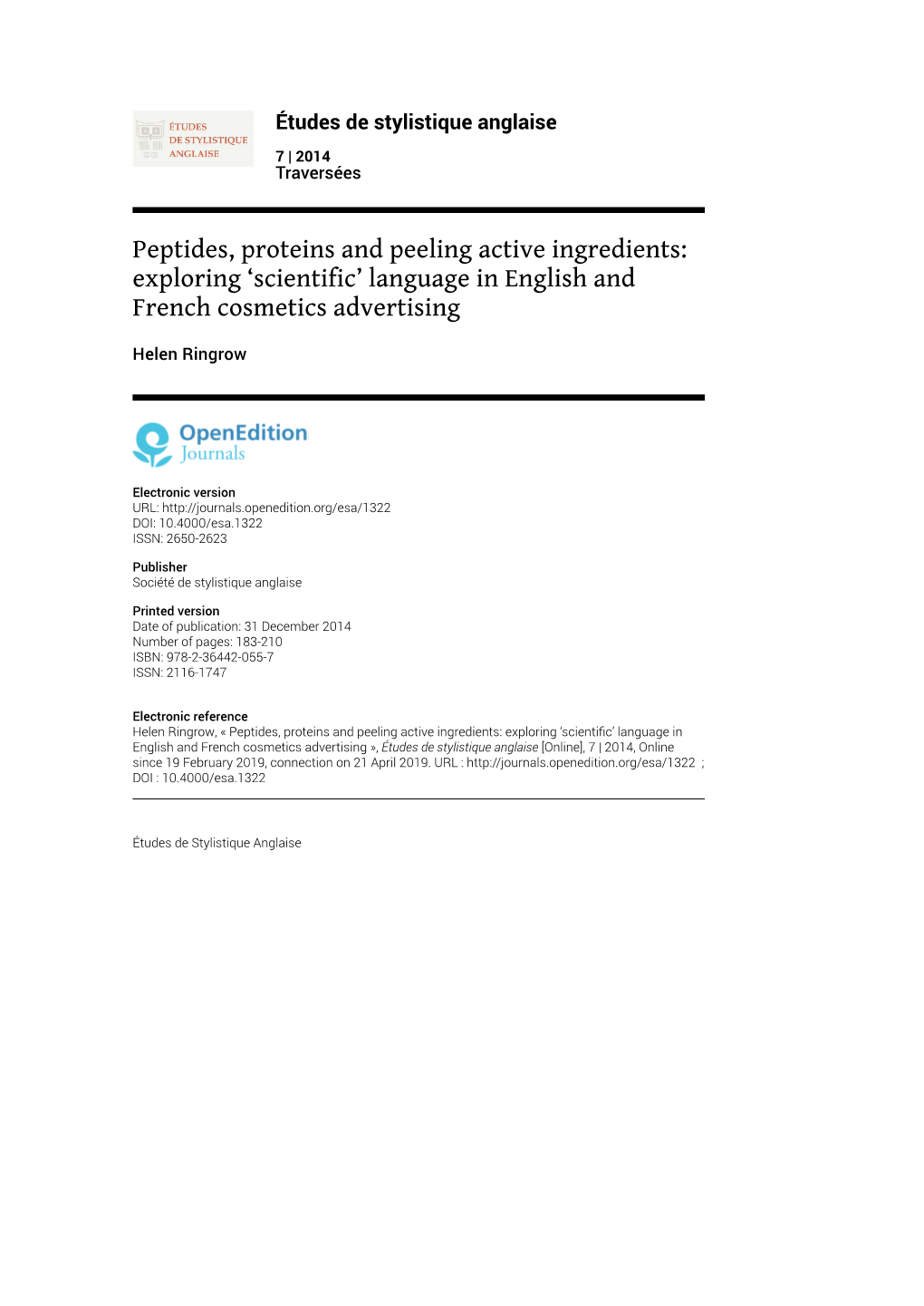 Peptides, Proteins and Peeling Active Ingredients: Exploring 'Scientific' Language in English and French Cosmetics Advertisi