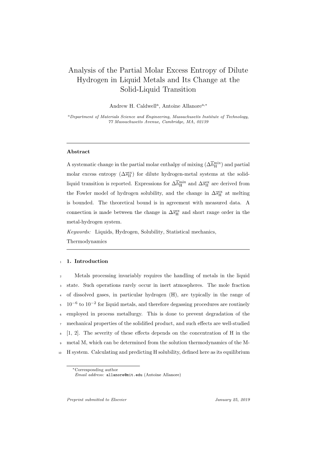 Analysis of the Partial Molar Excess Entropy of Dilute Hydrogen in Liquid Metals and Its Change at the Solid-Liquid Transition