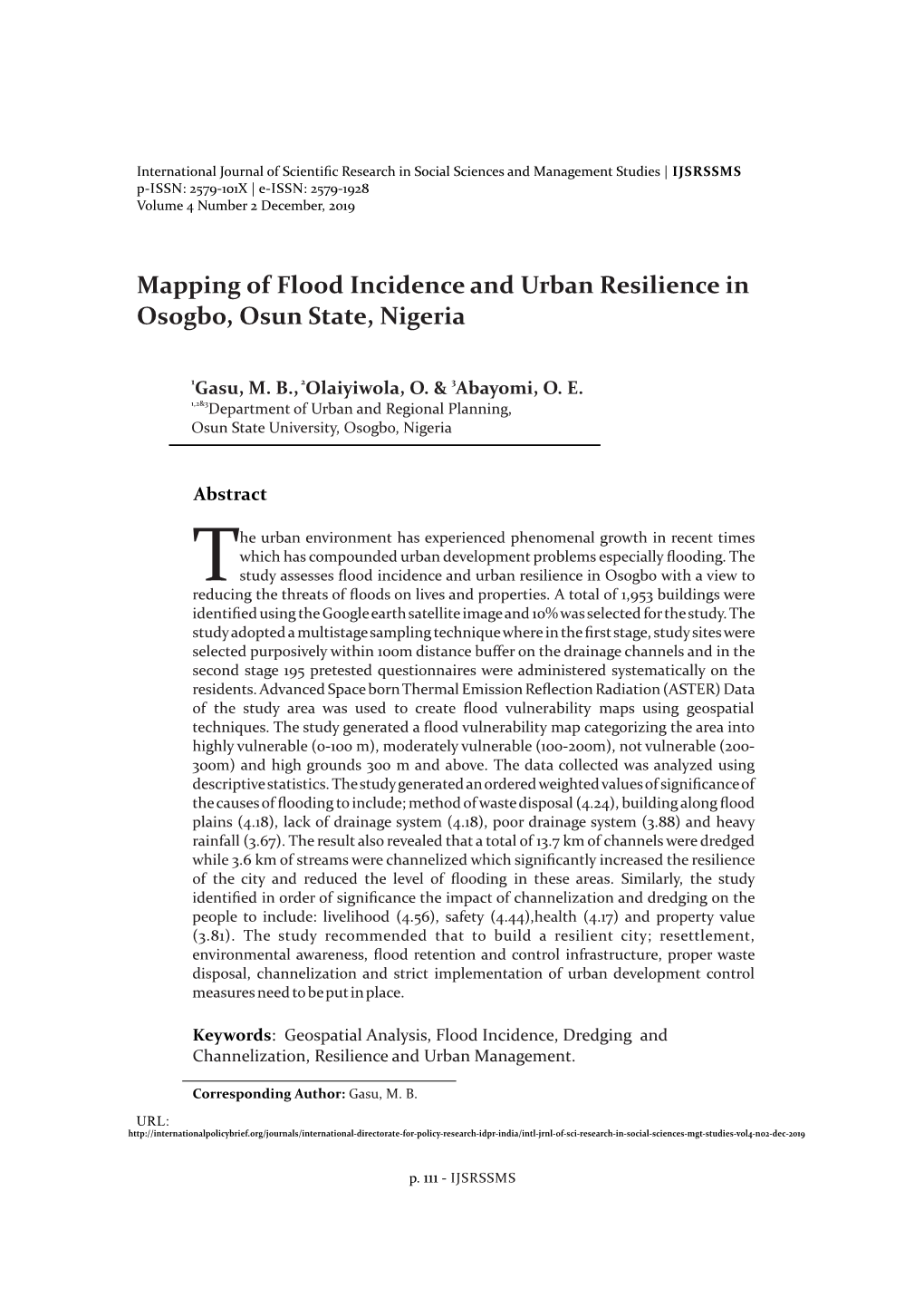 Mapping of Flood Incidence and Urban Resilience in Osogbo, Osun State, Nigeria