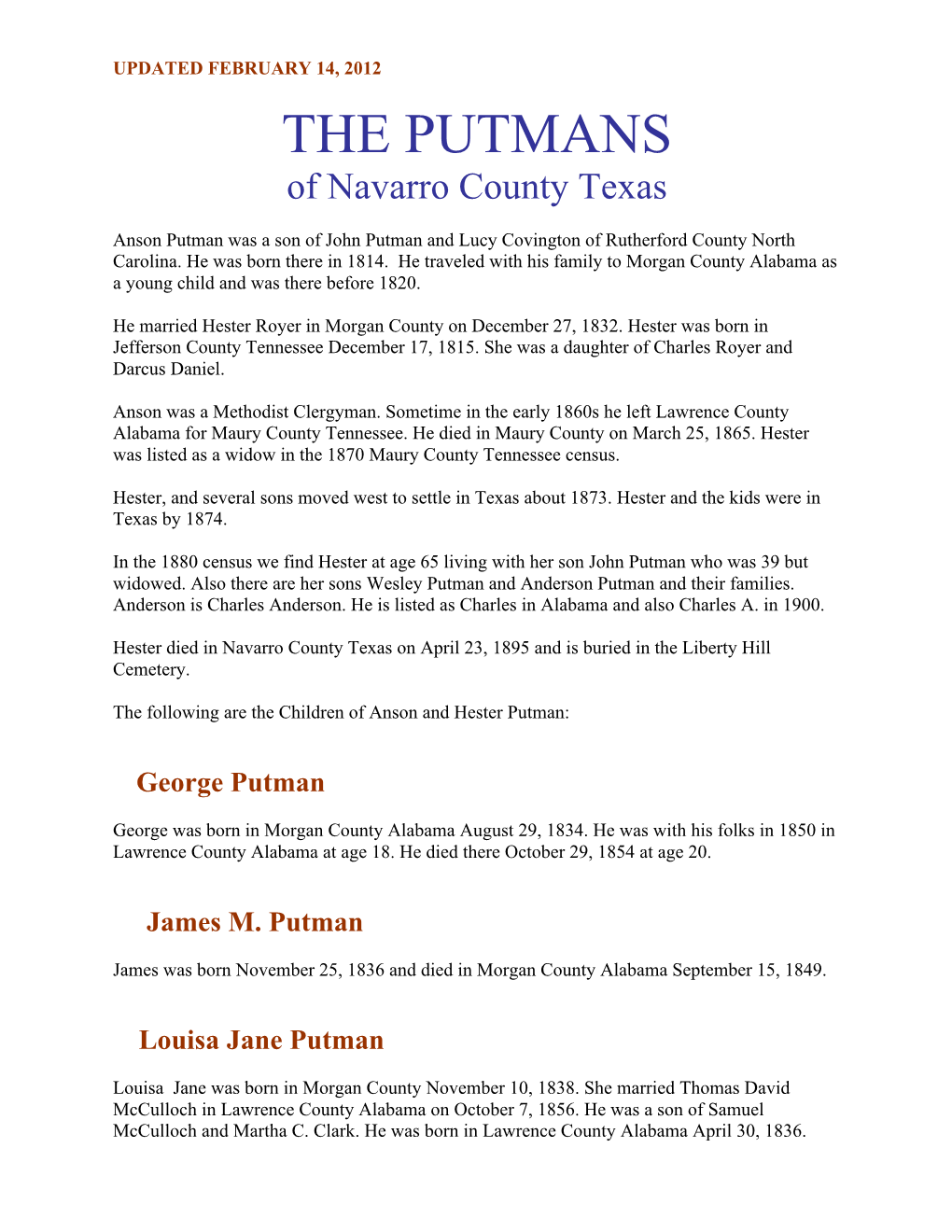 THE PUTMANS of Navarro County Texas