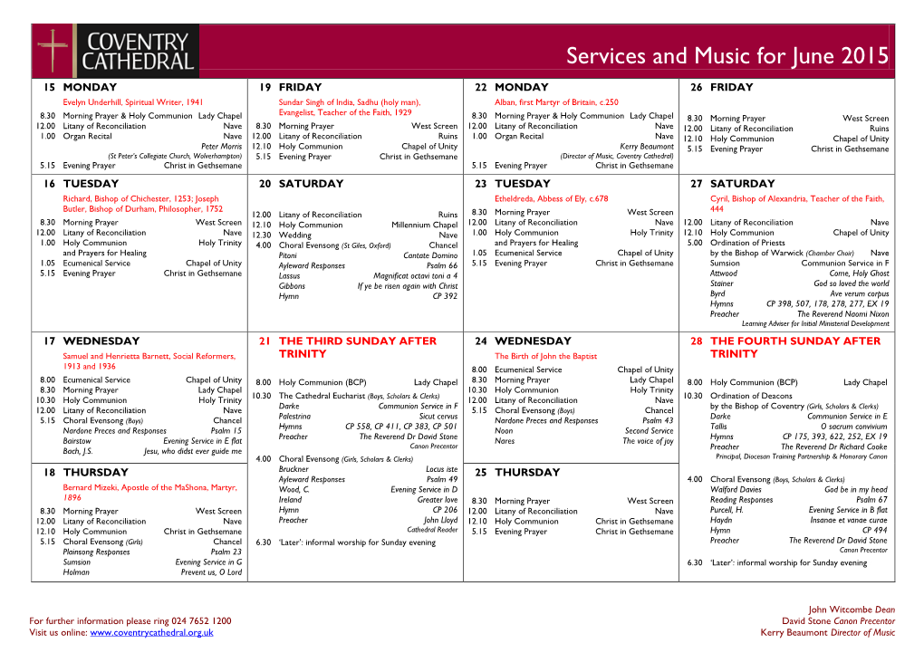 Services and Music for June 2015