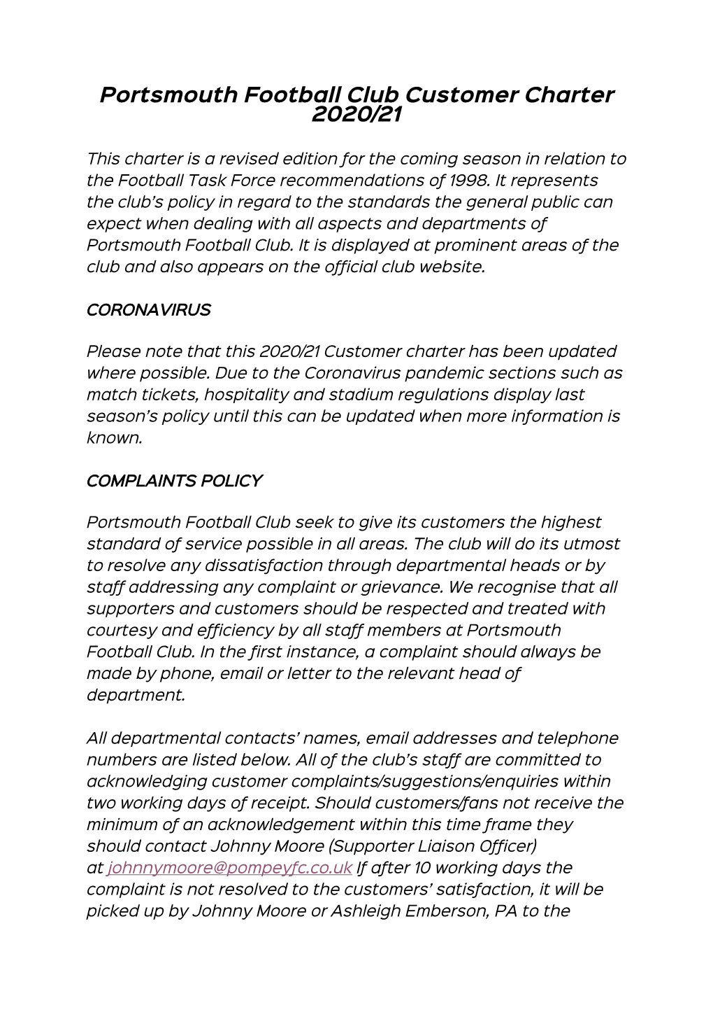 Portsmouth Football Club Customer Charter 2020/21