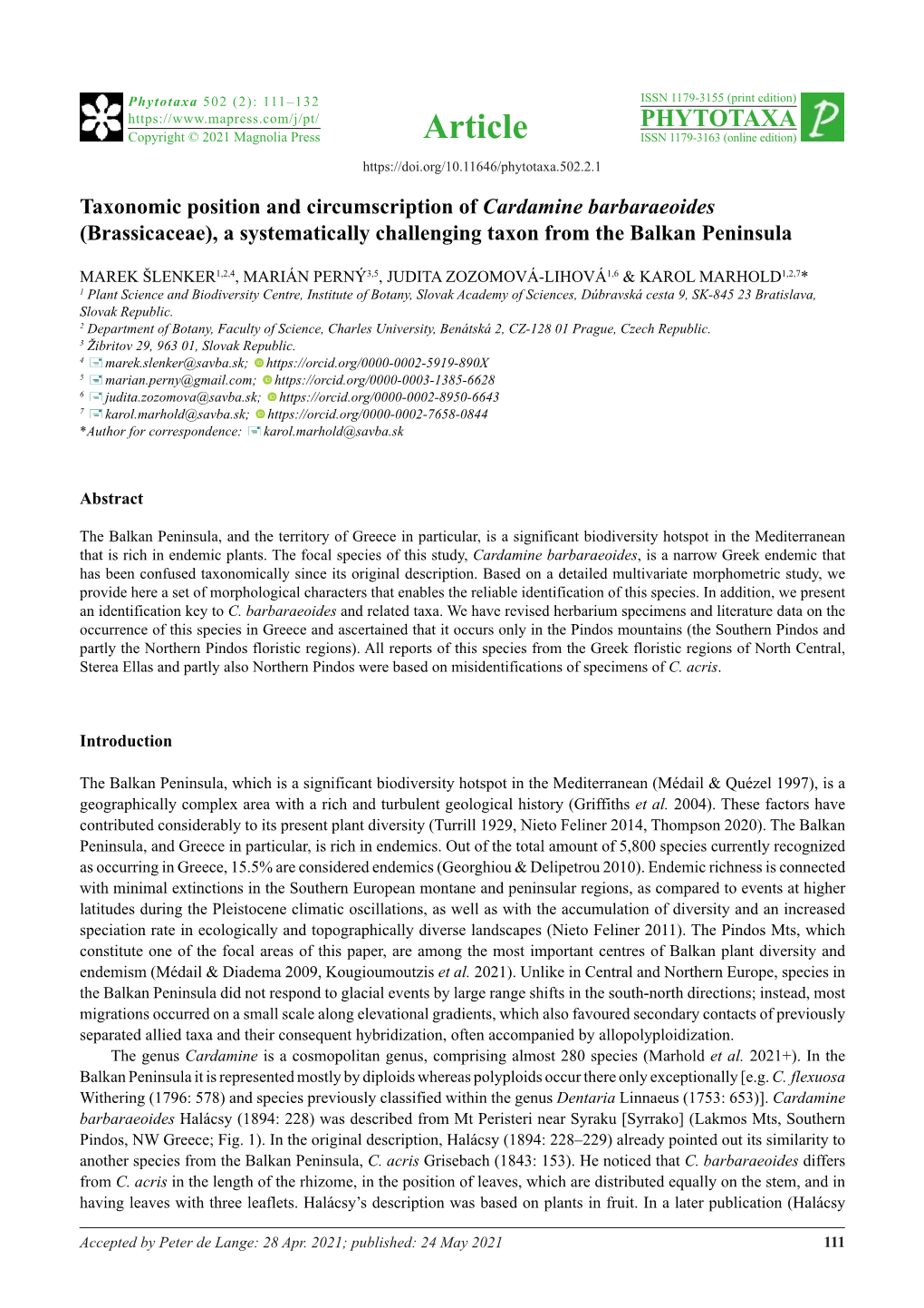Taxonomic Position and Circumscription of Cardamine Barbaraeoides (Brassicaceae), a Systematically Challenging Taxon from the Balkan Peninsula