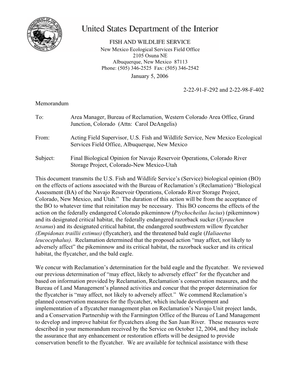 Final Biological Opinion for Navajo Reservoir Operations, Colorado River Storage Project, Colorado-New Mexico-Utah