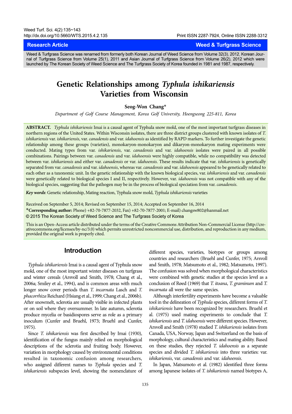 Genetic Relationships Among Typhula Ishikariensis Varieties from Wisconsin