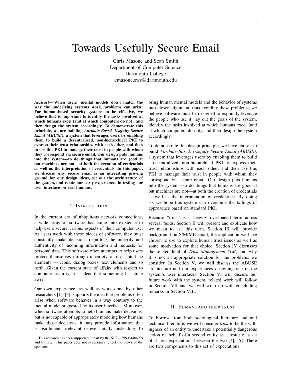 Towards Usefully Secure Email Chris Masone and Sean Smith Department of Computer Science Dartmouth College Cmasone,Sws@Dartmouth.Edu