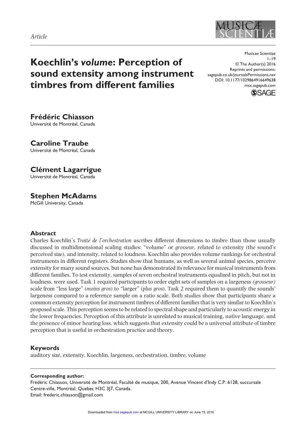 Koechlin's Volume: Perception of Sound Extensity Among Instrument