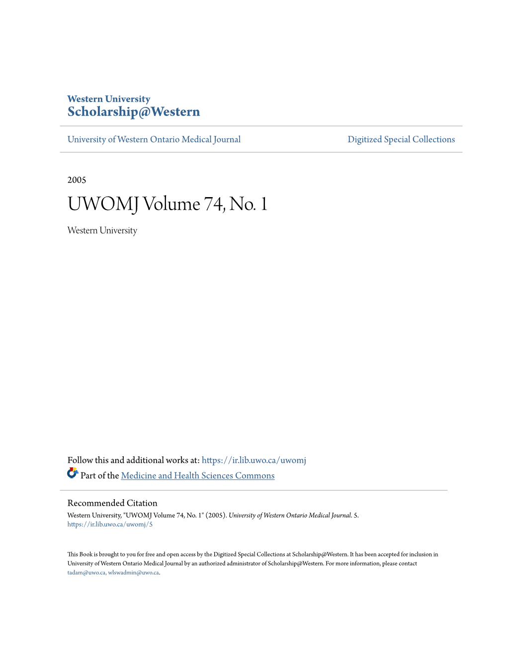 UWOMJ Volume 74, No. 1 Western University