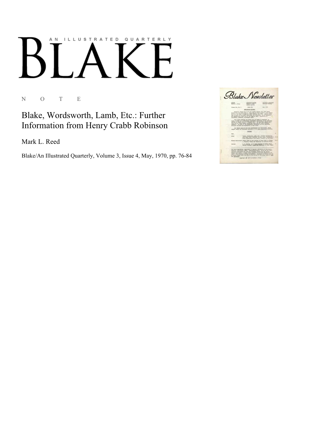 Blake, Wordsworth, Lamb, Etc.: Further Information from Henry Crabb Robinson