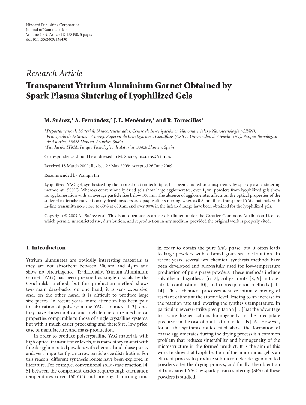 Transparent Yttrium Aluminium Garnet Obtained by Spark Plasma Sintering of Lyophilized Gels