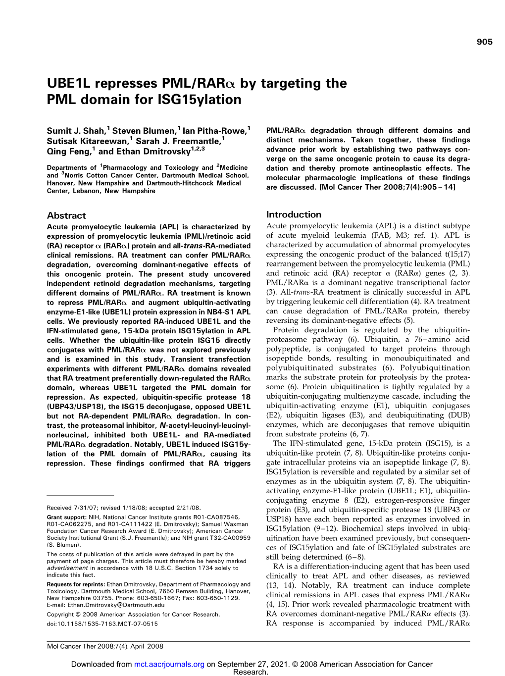UBE1L Represses PML/RARA by Targeting the PML Domain for Isg15ylation