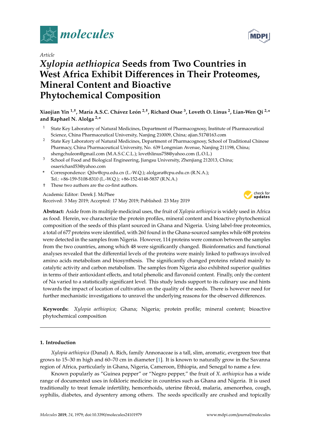 Xylopia Aethiopica Seeds from Two Countries in West Africa Exhibit Diﬀerences in Their Proteomes, Mineral Content and Bioactive Phytochemical Composition