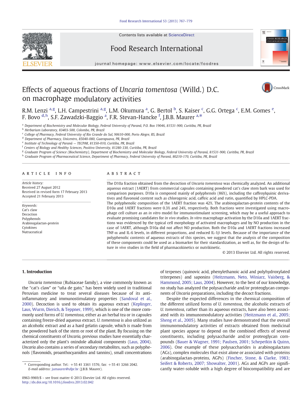 Effects of Aqueous Fractions of Uncaria Tomentosa (Willd.) D.C