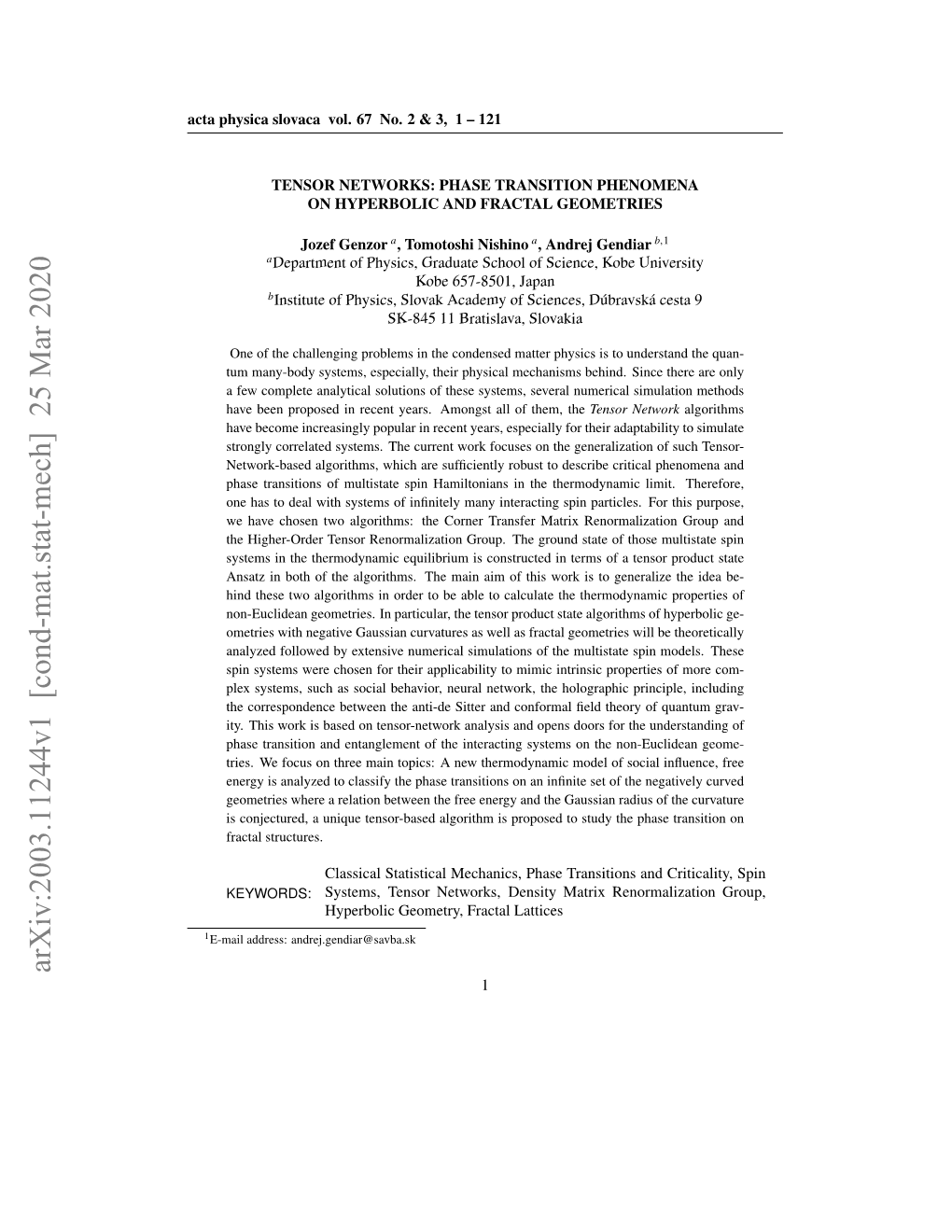 Arxiv:2003.11244V1 [Cond-Mat.Stat-Mech] 25 Mar 2020 1 2 Tensor Networks