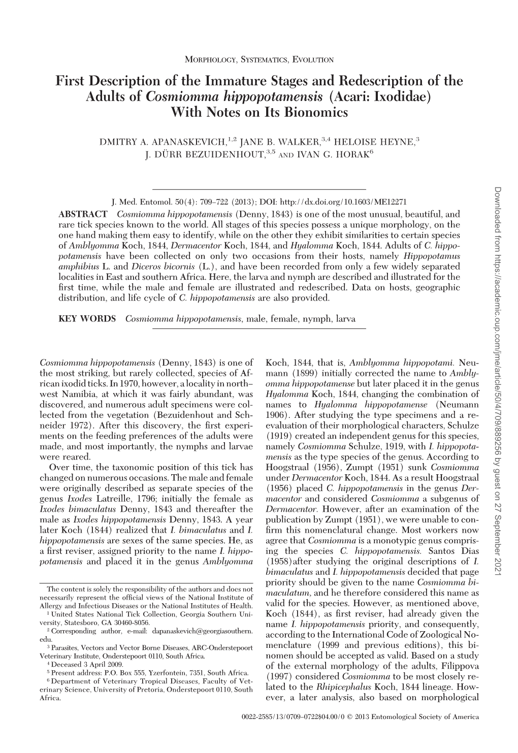 First Description of the Immature Stages and Redescription of the Adults of Cosmiomma Hippopotamensis (Acari: Ixodidae) with Notes on Its Bionomics