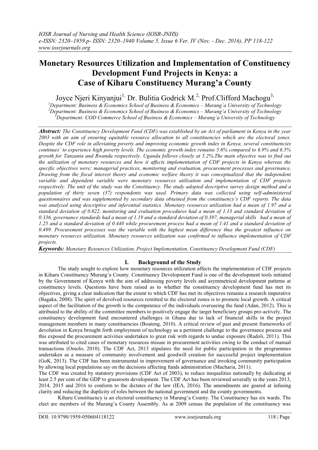 Monetary Resources Utilization and Implementation of Constituency Development Fund Projects in Kenya: a Case of Kiharu Constituency Murang’A County