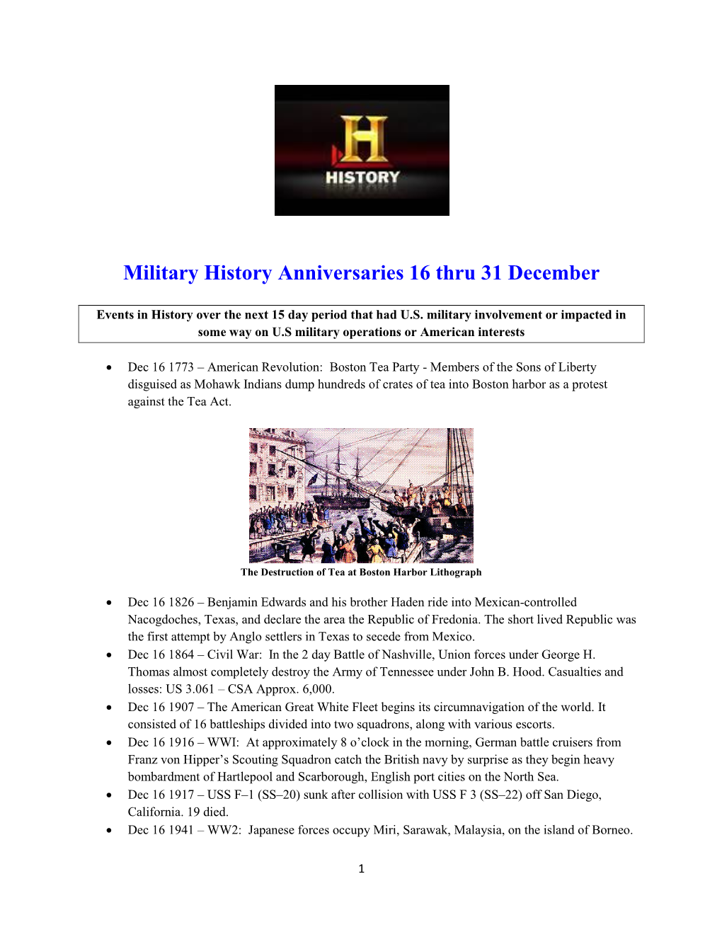 Military History Anniversaries 16 Thru 31 December