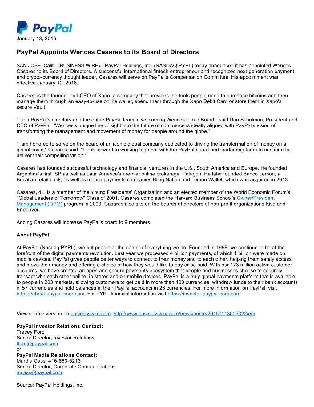 Paypal Appoints Wences Casares to Its Board of Directors